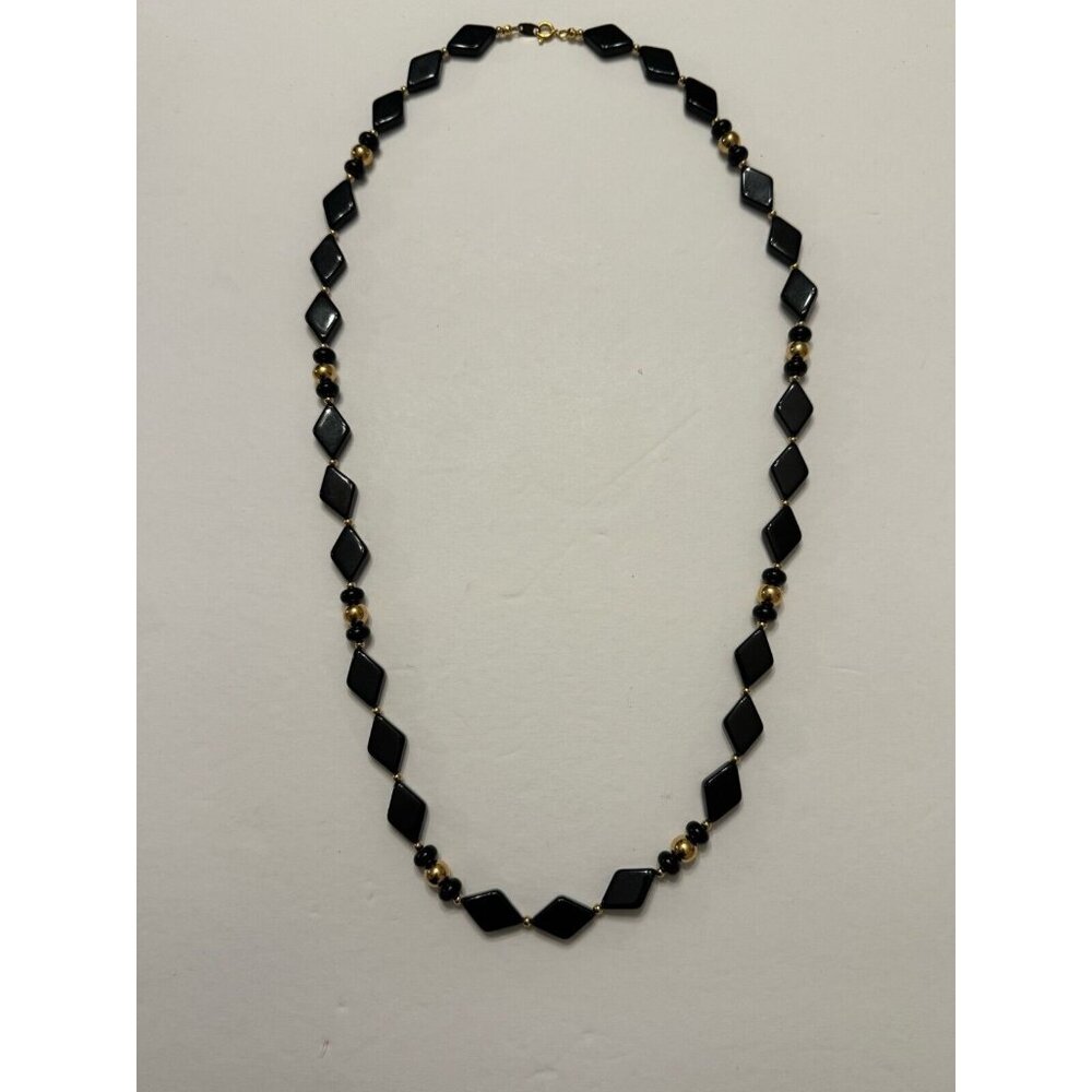 Trifari Necklace Black Lucite Plastic Gold Tone Chunky Geometric Bead Signed 30" - Picture 9 of 9